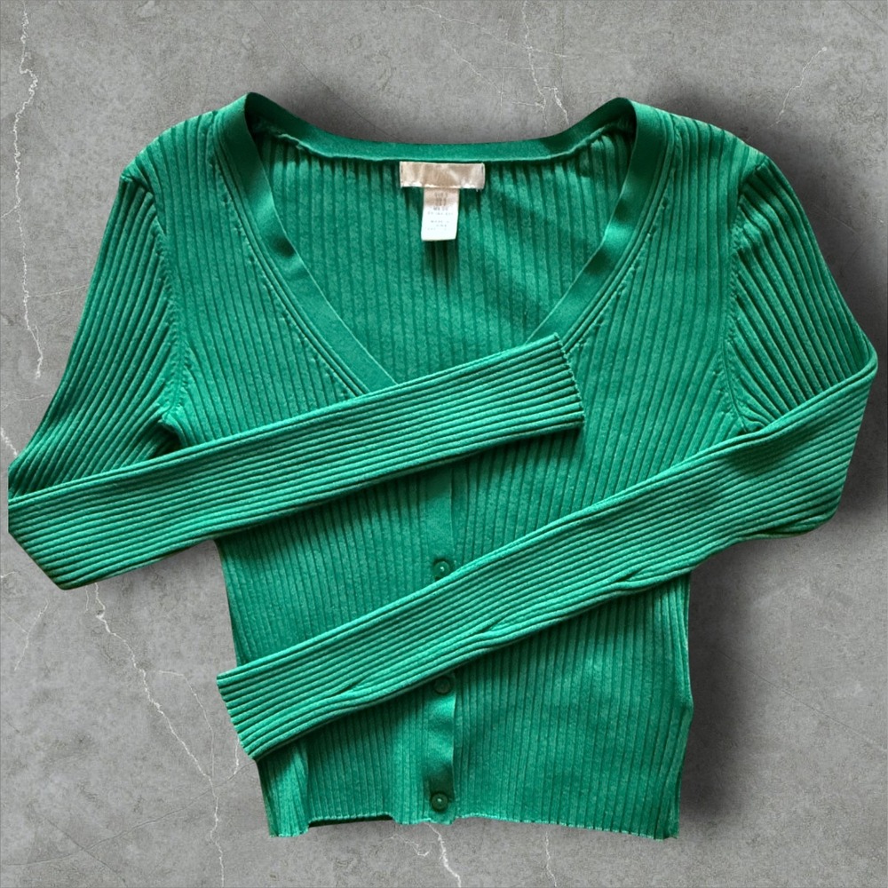 H&M‎ Kelly Green Ribbed Cropped Cardigan Women’s Small Button Front V Neck